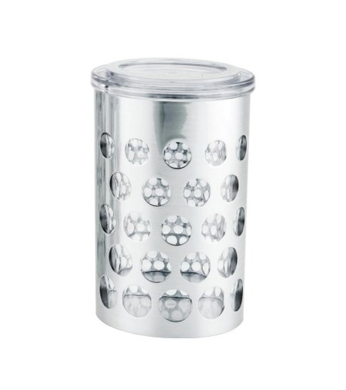 Silver airtight kitchen storage jar with clear lid and round polka dot pattern.