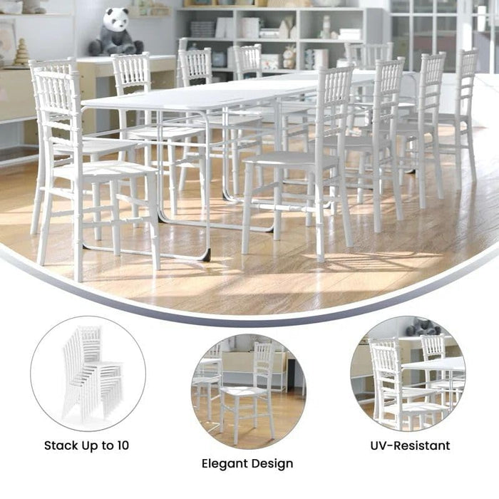Set of white Chiavari wooden chairs with slatted backs and open, curved legs