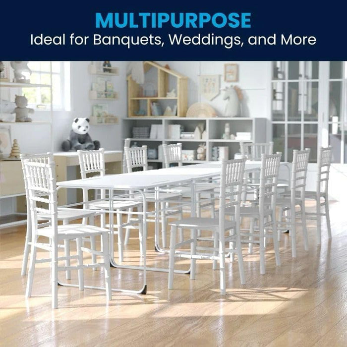 White Chiavari wooden chairs with slatted backs and open seat design