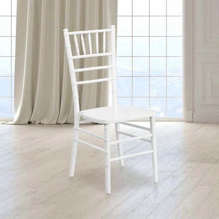 White Chiavari wooden chair with slatted back, curved legs, and wide seat