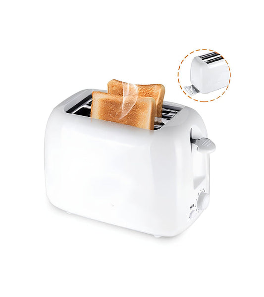 White 2-slice toaster with two bread slots and side control knob.