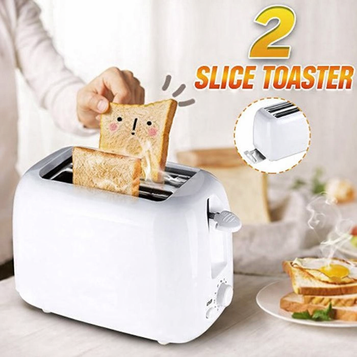 White 2-slice toaster with bread in the slots and front control dial