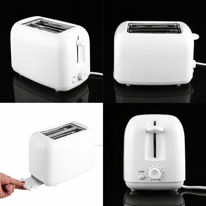 White 2-slice toaster shown from multiple angles, with lever and browning dial