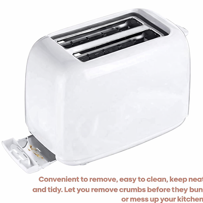 White 2-slice toaster with top slots and removable crumb tray partially open