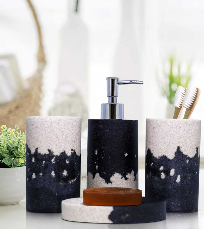 Bathroom accessories set with dispenser pump, two cups, soap tray and brush stand