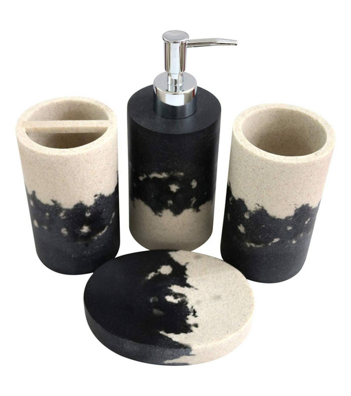 Bathroom accessories set: dispenser pump, two cylindrical cups, and round soap tray