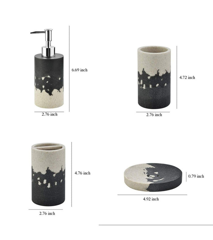 Bathroom accessories set with starry sky designs and size measurements