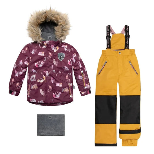 Deux par Deux girls two-piece winter snowsuit with Burgundy forest animals jacket and Golden Yellow snow pants.