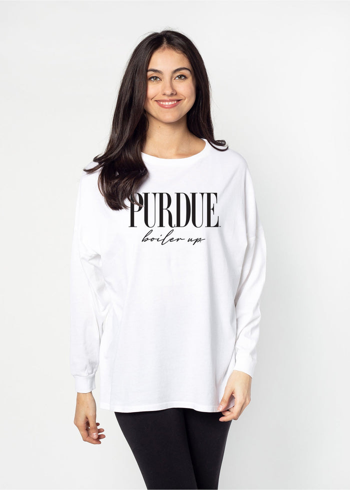 Purdue Boilermakers Unisex White Oversized, slouchy Mineral wash T-Shirt with Extreme dropped shoulders, oversized sleeves and lived-in look and feel