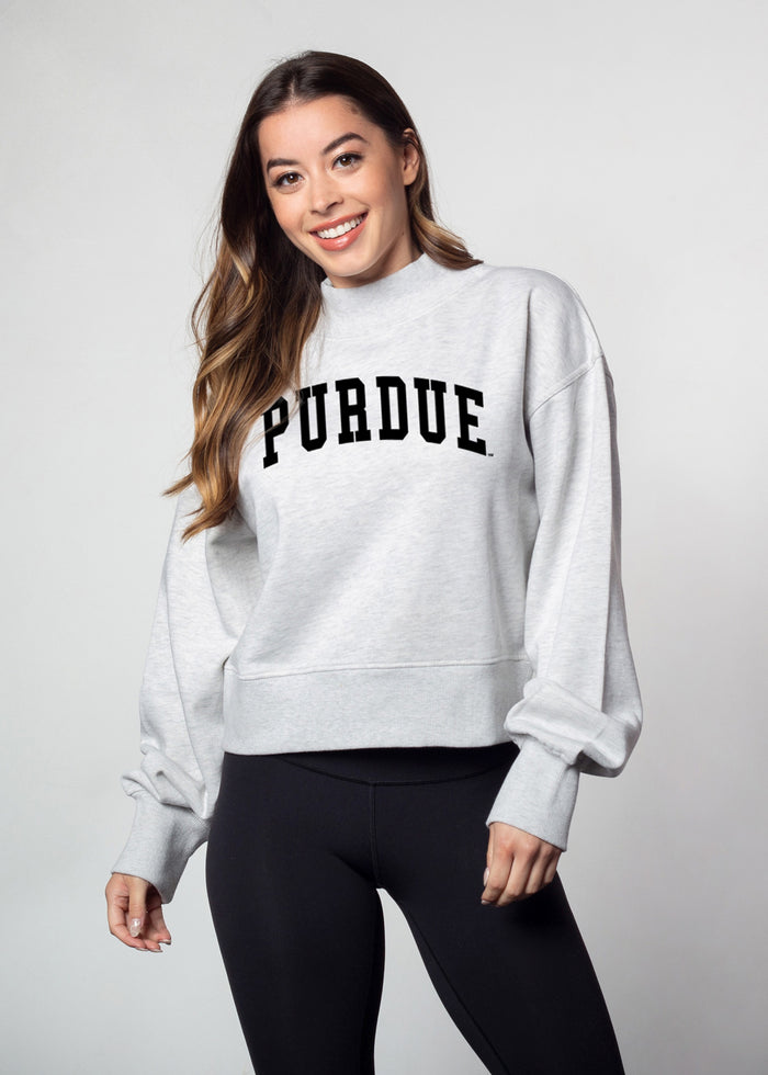 Purdue Boilermakers Women's Ash-Grey Relaxed, waist-length Heavyweight Fleece Sweatshirt with mock neck, drop shoulders and balloon sleeves