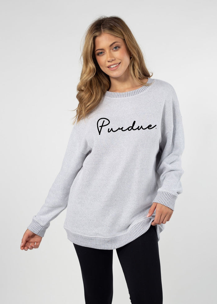 Purdue Boilermakers Women's Heather-Grey Relaxed, straight Yarn-dyed brushed fleece Sweatshirt with the look of sweater, the touch of a blanket, crew neckline and ribbed neck, cuffs and hem