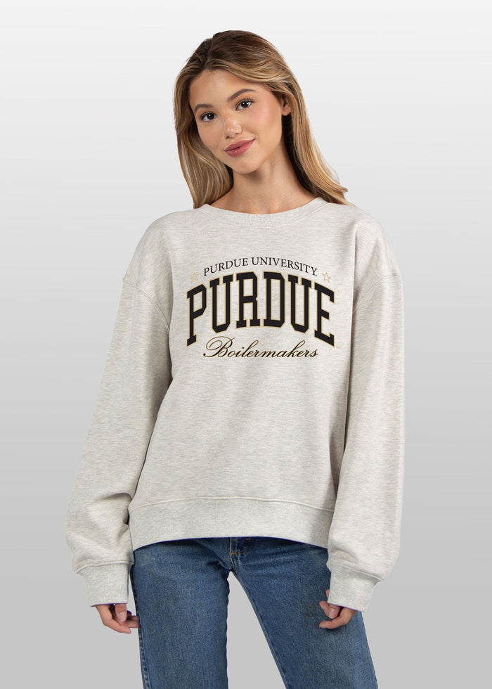 Purdue Boilermakers Women's Ash-Grey Relaxed Heavyweight Fleece Sweatshirt with Dropped shoulders, crew neckline, back center seam and ribbed neckline, cuffs and hem