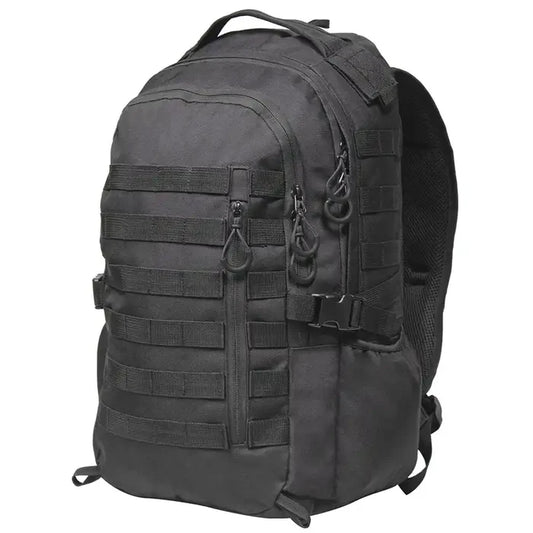 A black tactical backpack with multiple zippered compartments, MOLLE webbing, and padded shoulder straps