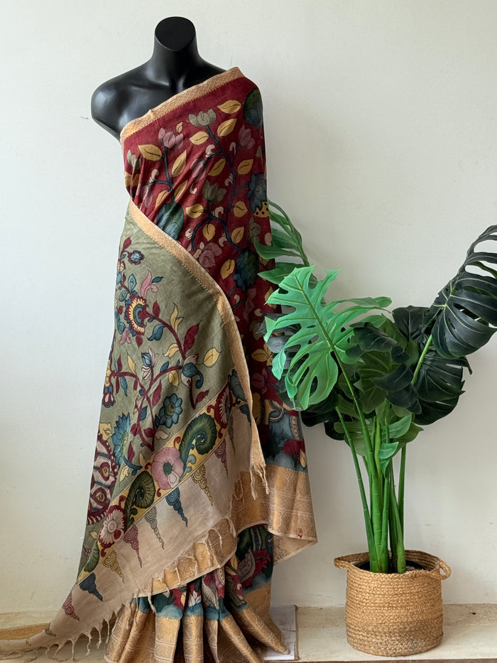 Red Pen kalamkari silk saree