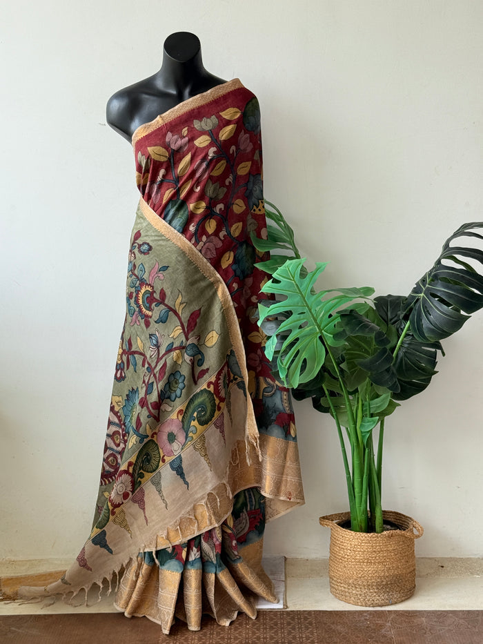 Red Pen kalamkari silk saree