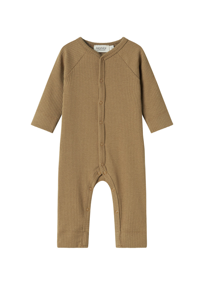 Ribbed brown jumpsuit for baby in soft material with long sleeves and long legs and snaps