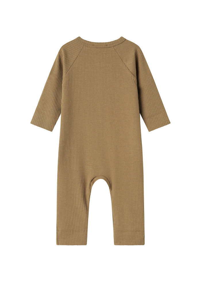 Ribbed brown jumpsuit for baby in soft material with long sleeves and long legs and snaps