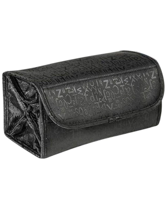 Black cosmetic roll-up pouch with embossed pattern and zipper closure, curved flap