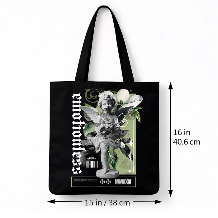 Tote bag noir ange floral – coton artistique DTF