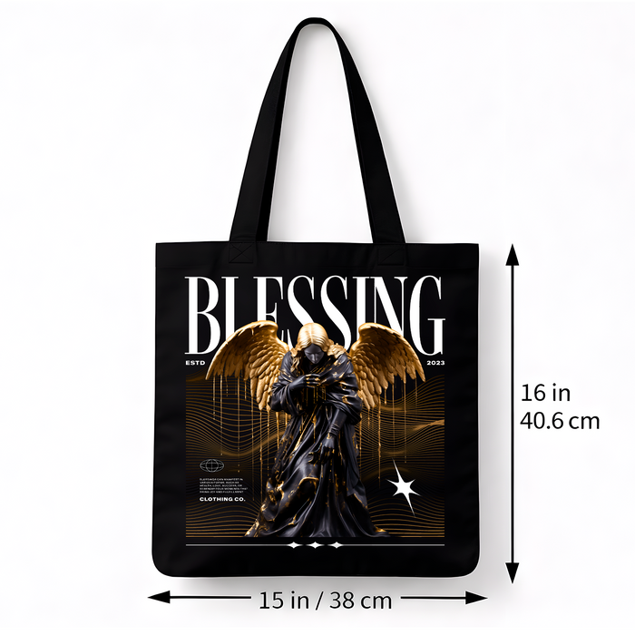 Tote bag noir Blessing Angel – ange doré coton épais