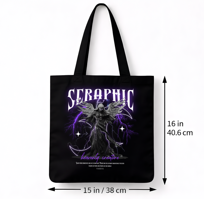 Tote bag noir Seraphic – ange sombre violet coton