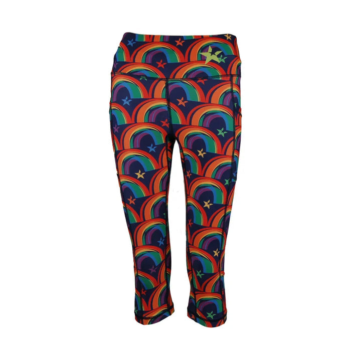 Colorful Capri leggings with rainbow and star pattern on navy blue background