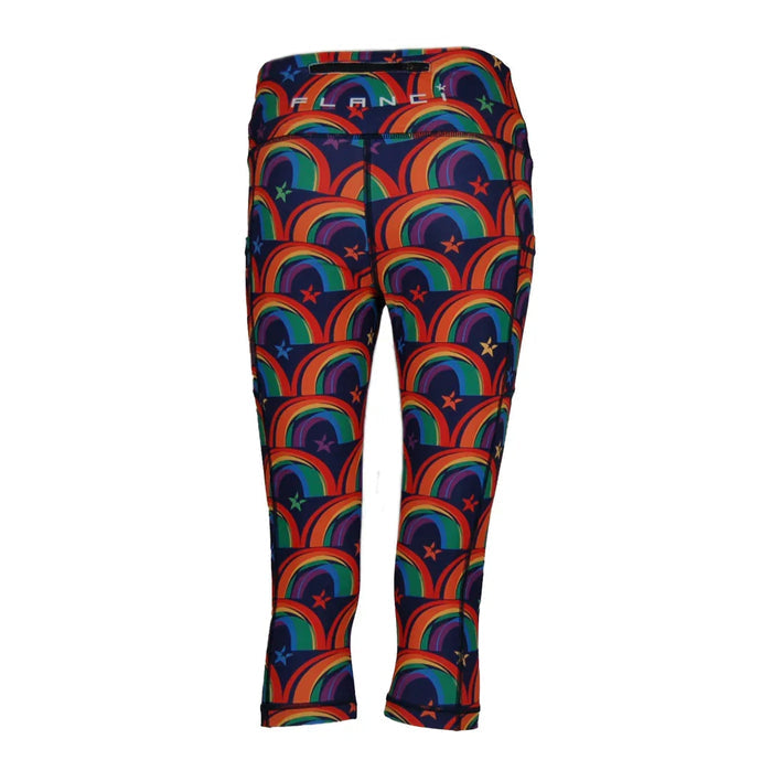 Colorful Capri-length leggings with rainbow and star pattern on dark background by FLANK