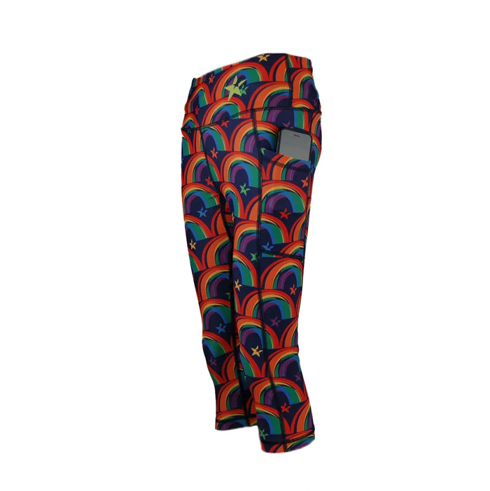 Colorful leggings with rainbow and star print and side phone pocket on white background