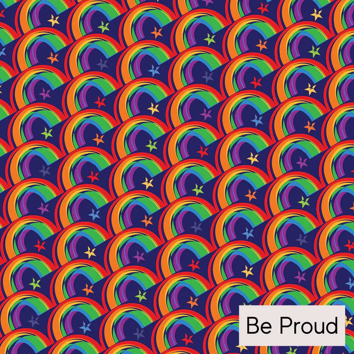 Colorful repetitive rainbows with stars pattern on dark background and 'Be Proud' text block