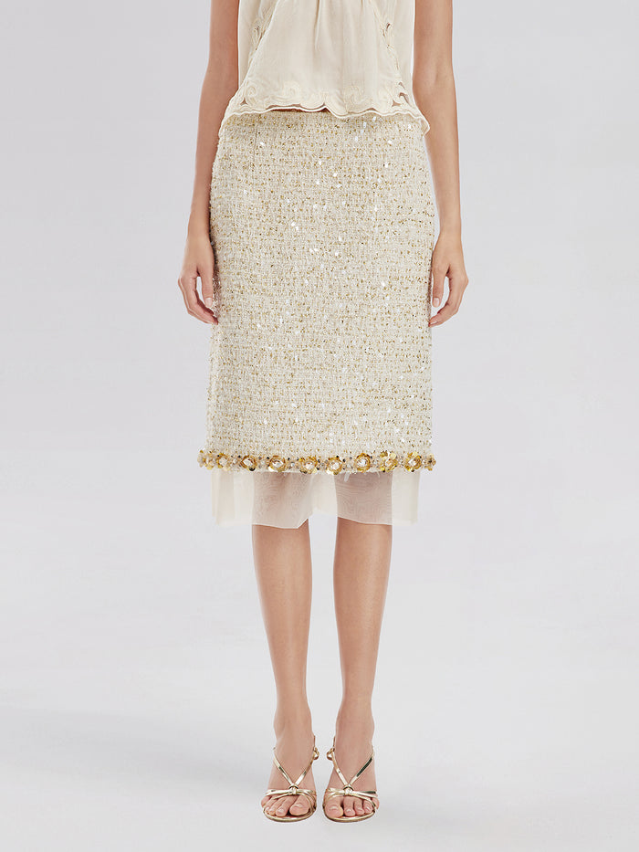 Sequin Trimmed French Mesh-Hem Design Skirt