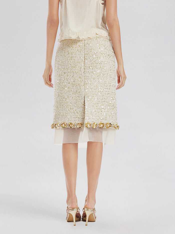 Sequin Trimmed French Mesh-Hem Design Skirt
