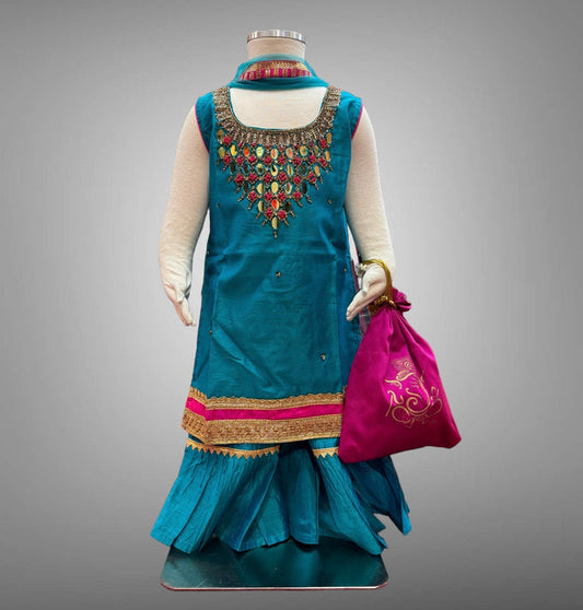 Silk Embroidered Iridescent Bluish Green Girl's Salwar Suit