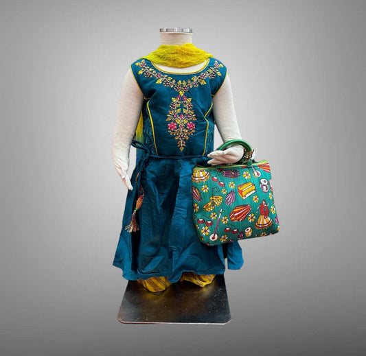 Silk Embroidered Peacock Blue With Contrast Golden Yellow Pants Girl's Salwar Suit