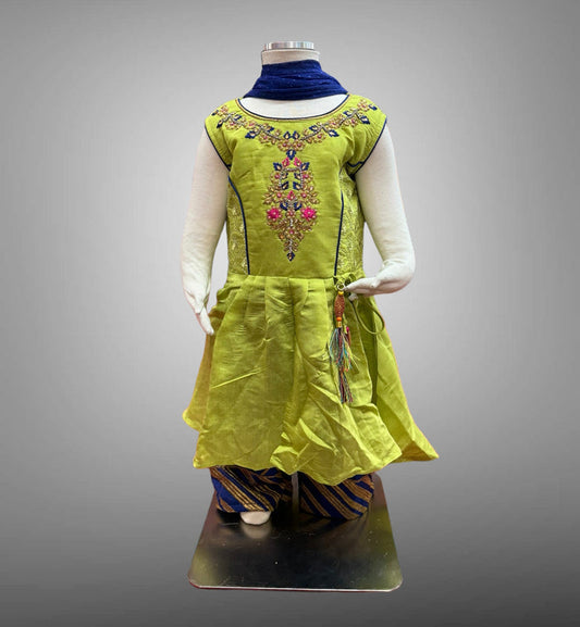 Silk Embroidered Yellowish Green With Contrast Royal Blue Pants Girl's Salwar Suit