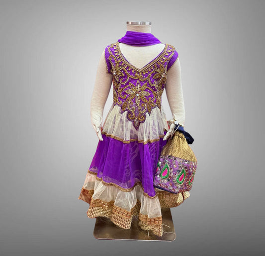 Silk & Net Embroidered Purple ,White & Gold Girl's Gown