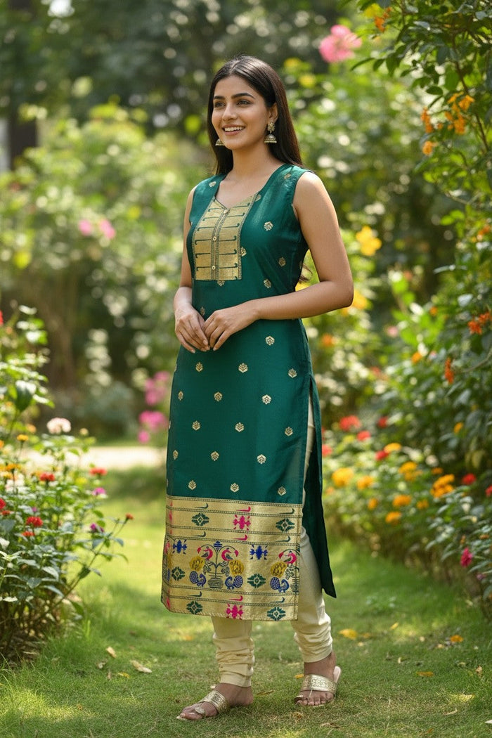 Kurti Connection USA emerald green silk sleeveless kurta with gold zari motifs, embellished neckline, and peacock border. Model wears cream leggings.