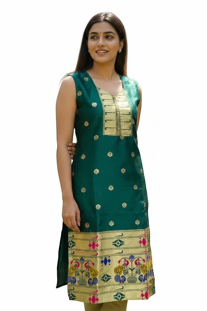 Kurti Connection USA emerald green silk sleeveless kurta with gold zari motifs, embellished neckline, and peacock border hem.