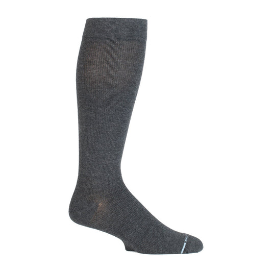 Gray knee-high compression sock with a ribbed texture and reinforced toe.