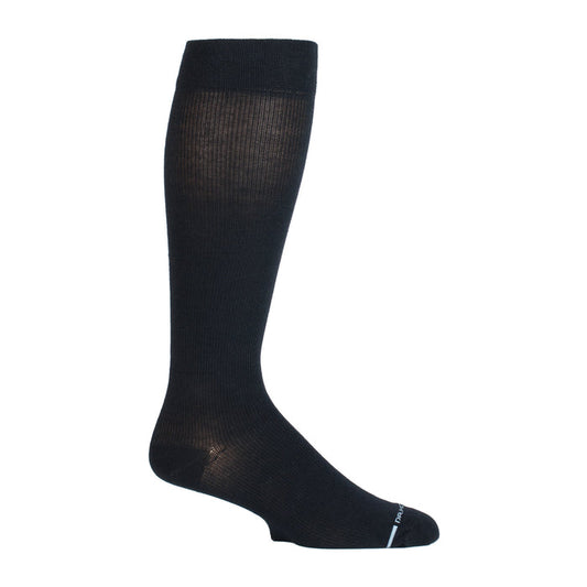 Knee-high black compression sock with a ribbed texture and reinforced toe.
