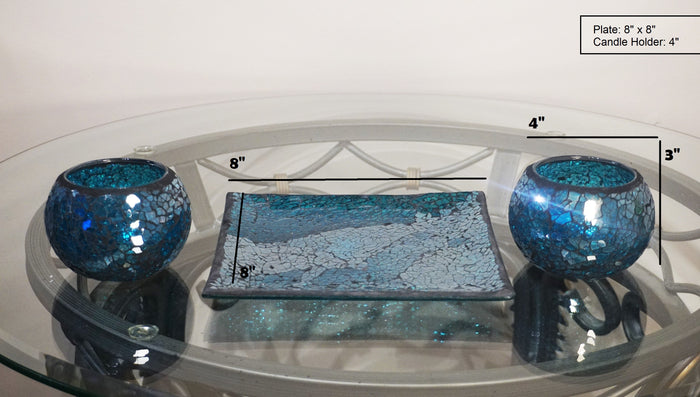 Square Plate with 2 Large Decorative Candle Holders in Glossy Teal