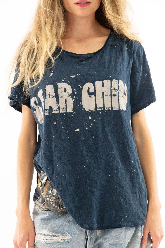 Magnolia Pearl artisan distressed navy t-shirt with STAR CHIEF print, vintage boho style