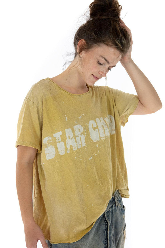 Magnolia Pearl artisan vintage yellow STAR CHILD graphic tee, distressed whimsical style