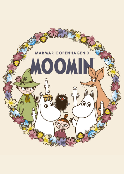 Grafisk moomin-krans med blomster og figurer, tryk til nederdelens design.