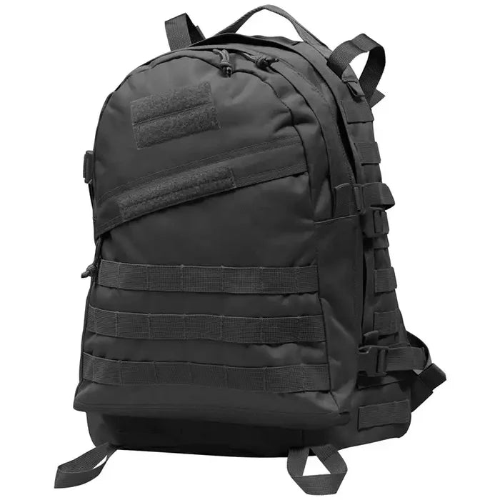 A black tactical backpack with multiple zippered compartments, MOLLE webbing, and a hook-and-loop patch panel on the front