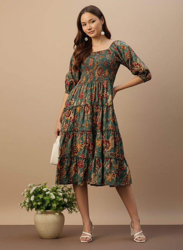 Teal Floral Printed Cuffed Sleeves Dress, dress, printed dress, green dress