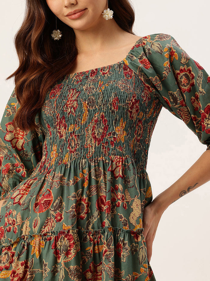 Teal Floral Printed Cuffed Sleeves Dress, dress, printed dress, green dress