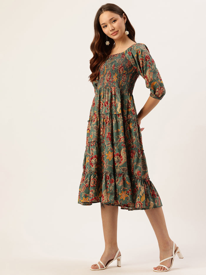 Teal Floral Printed Cuffed Sleeves Dress, dress, printed dress, green dress