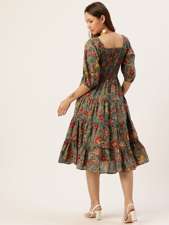 Teal Floral Printed Cuffed Sleeves Dress, dress, printed dress, green dress
