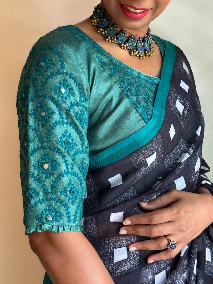 Teal Hand Embroidered Kutch Work Blouse