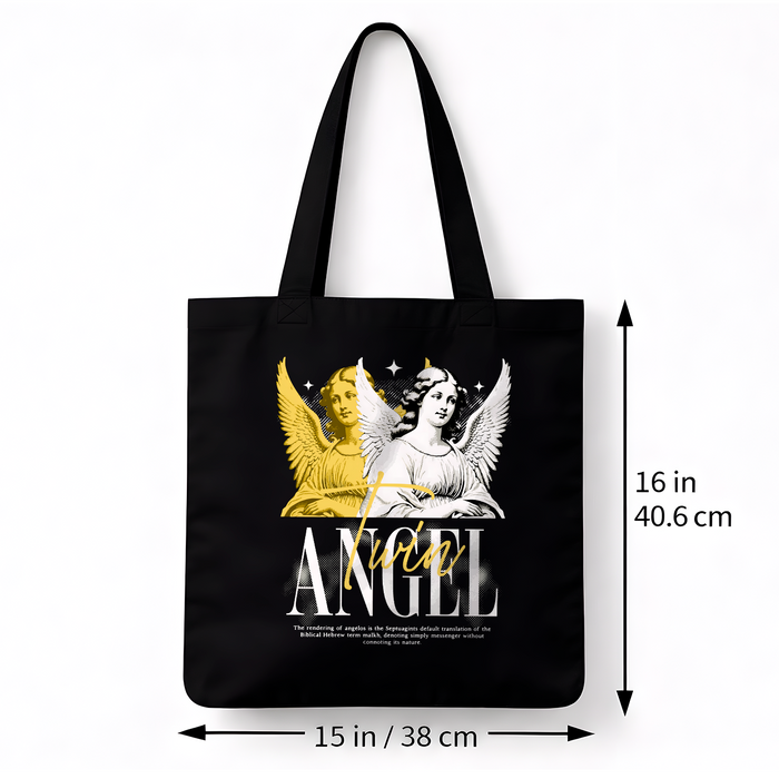 Tote bag noir Twin Angel – anges doré et blanc coton